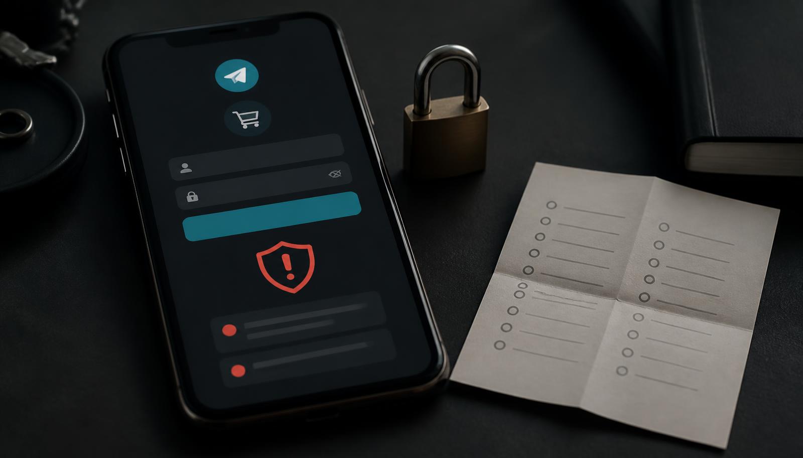 Смартфон с подозрительным экраном рядом с замком и чек-листом сид-фразы на тёмном столе